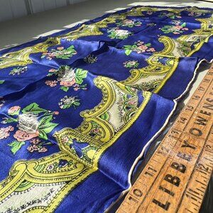 Vintage Floral Silk Rectangle Scarf Cobalt Blue Boho Hippie Neck Wrap